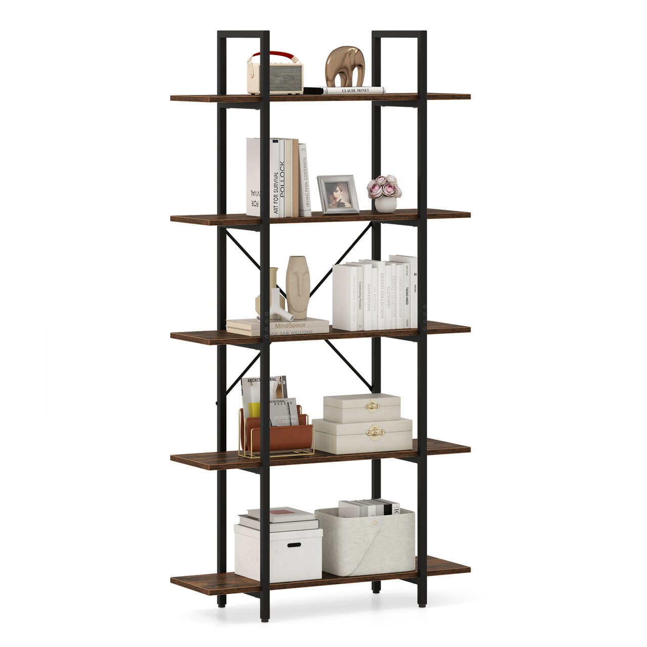 Rustic Brown 5-Tier Bookshelf with Metal Frame 62" Tall Industrial Open Storage Rack for Living Room